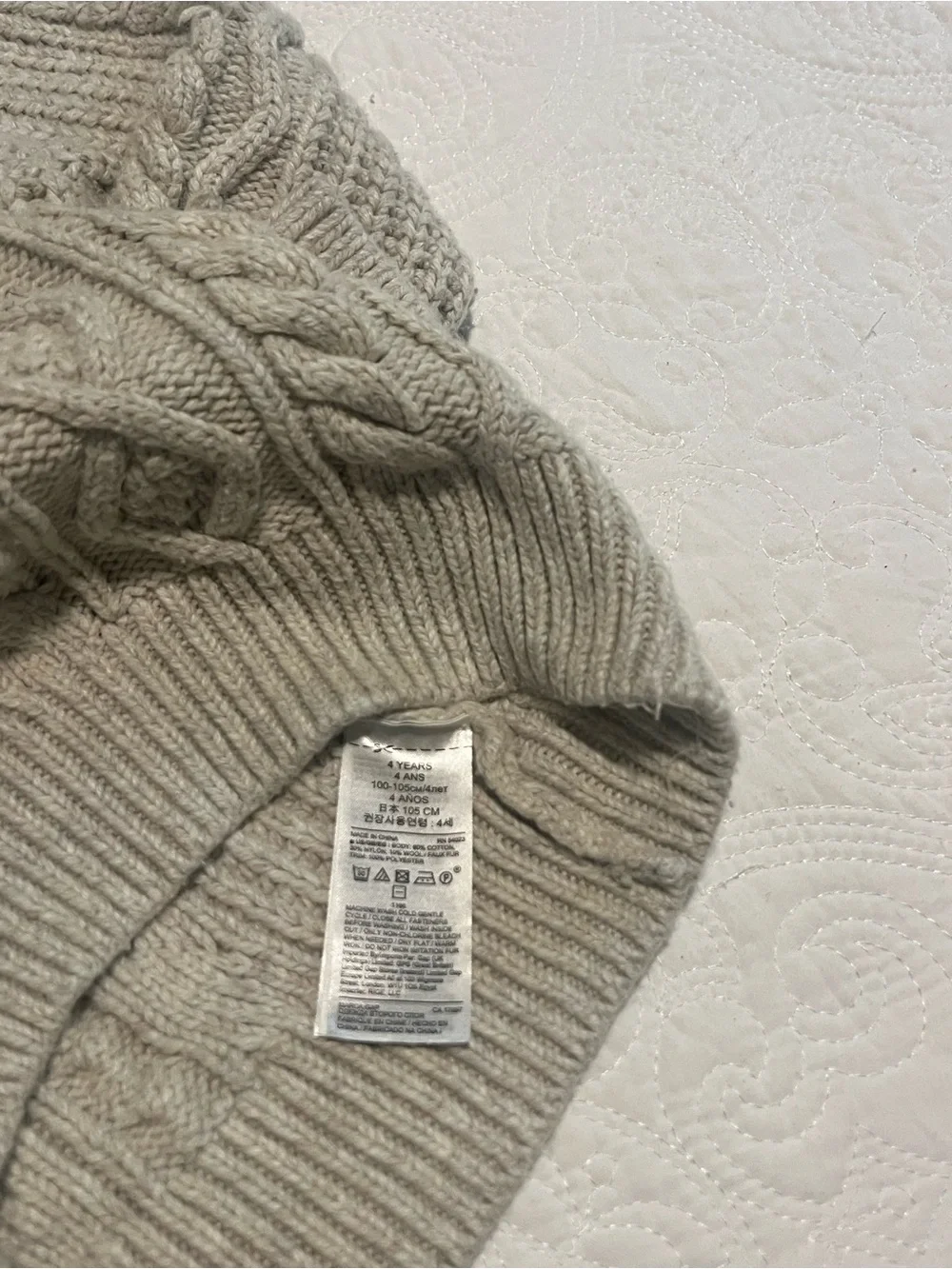 GAP Cream/Oatmeal Chunky Cable Knit Sherpa-Lined Collar Sweater 4T